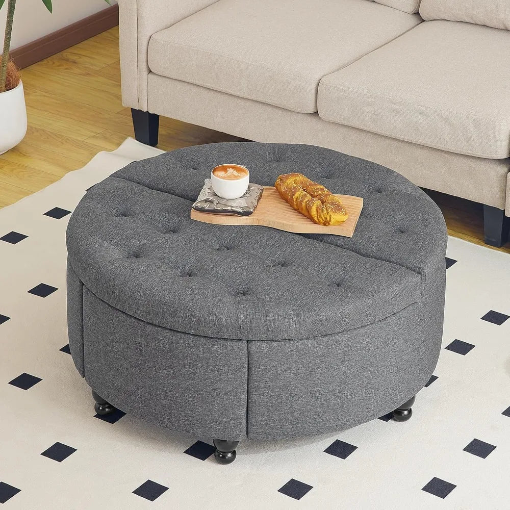 Ljustra Round Storage Ottoman Coffee Table Upholstered Lift Top 35 Inch