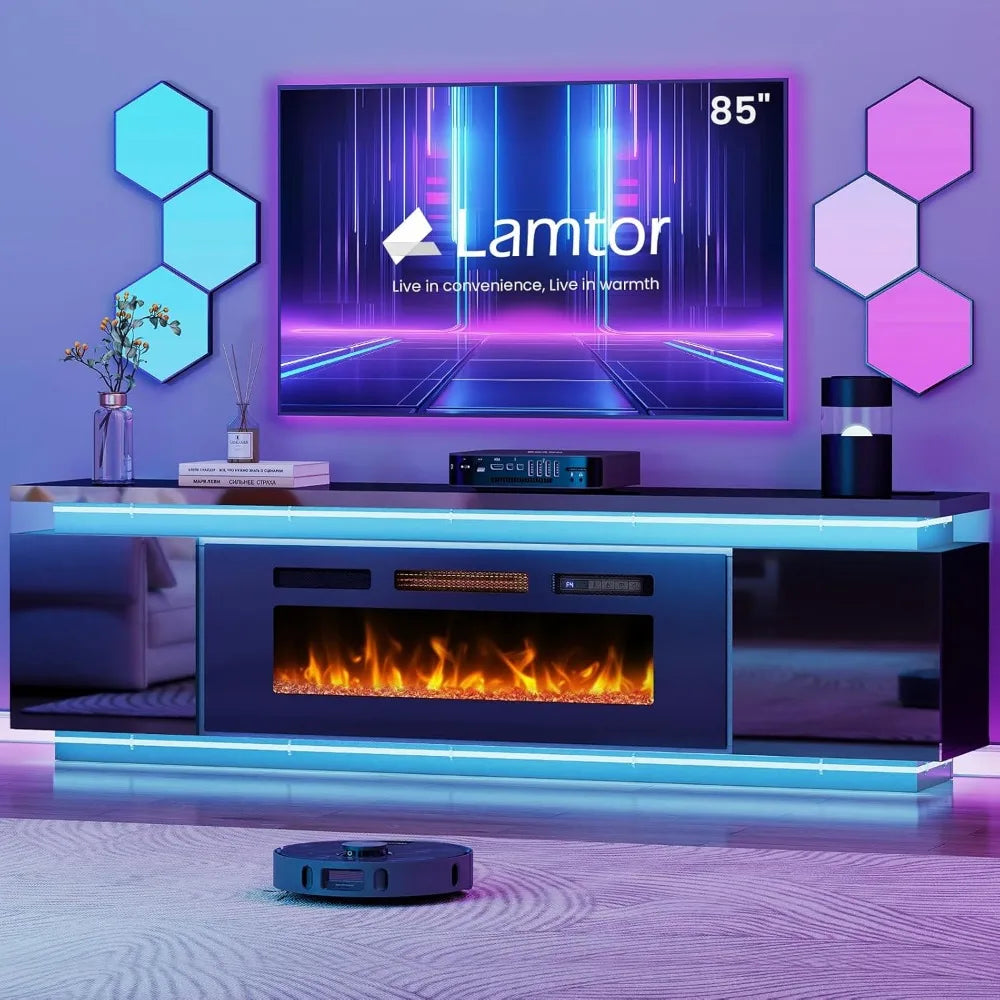 Fireplace TV Stand for 85 Inch TVs with RGB LED Lights and 4 Outlets