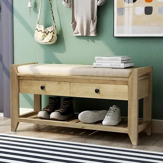 Entry Storage Bench with Cushioned Seat and 2 Drawers for Shoes