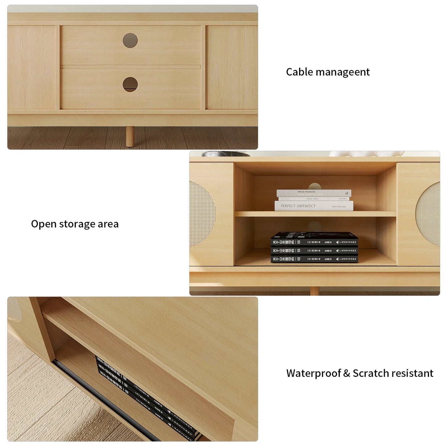 Farmhouse Rattan TV Stand Modern Entertainment Center for 55-65 inch TV