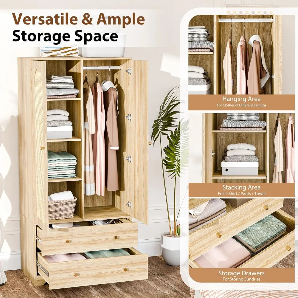 Ljustra Rattan Wardrobe Closet with Doors Drawers Hanging Rod Storage