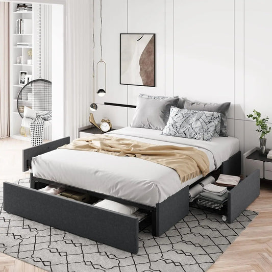 Queen Size Platform Bed Frame with 3 Storage Drawers No Box Spring