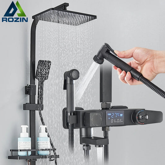 Black Digital Display Thermostatic Shower Faucet Rainfall Mixer Tap