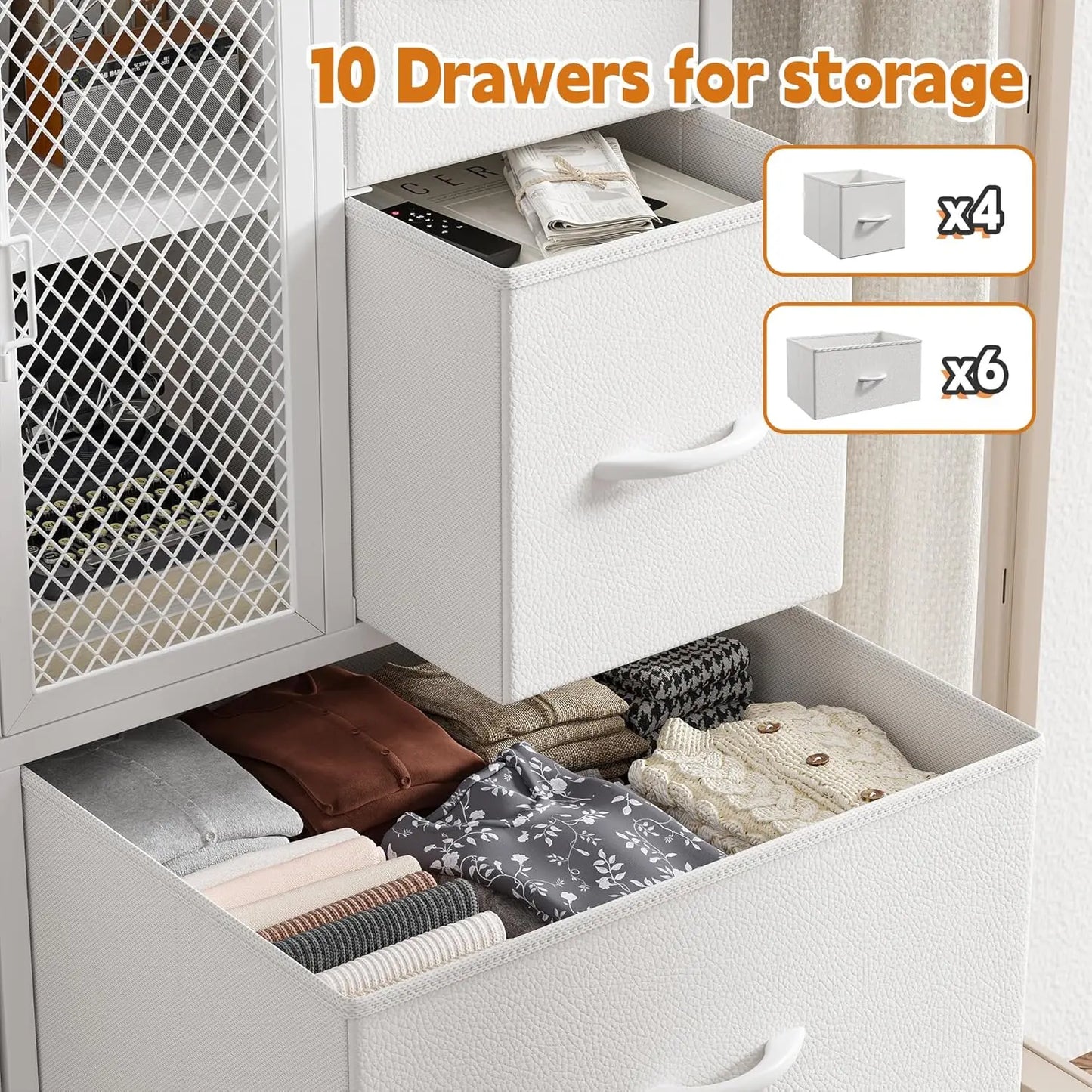 White Dresser Bedroom Organizer Tall Chest with 10 Fabric Drawers