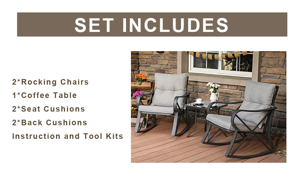 3 Piece Bistro Set Patio Rocking Chairs Glass-Top Table Outdoor Furniture