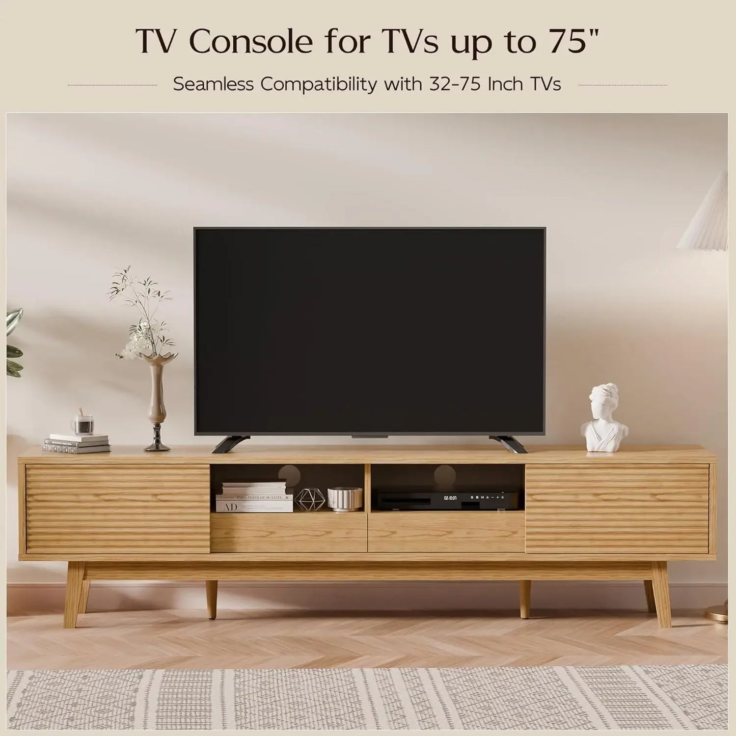 70 Inch Mid Century Modern TV Console Low Profile Media Stand Oak