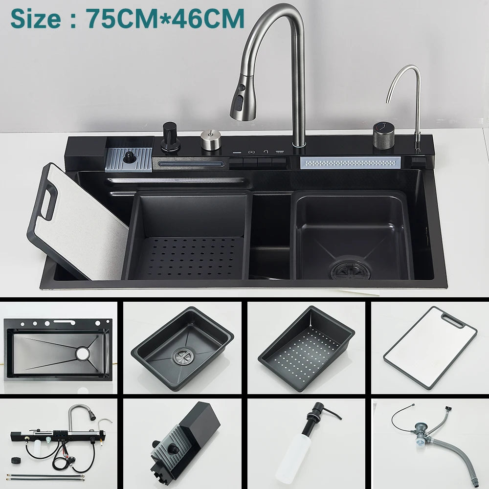 Gold Multifunctional Kitchen Waterfall Sink Digital Display 304 Stainless Steel