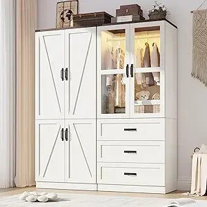 Ljustra 75" Tall Farmhouse 4 Doors Armoire Wardrobe Closet with LED