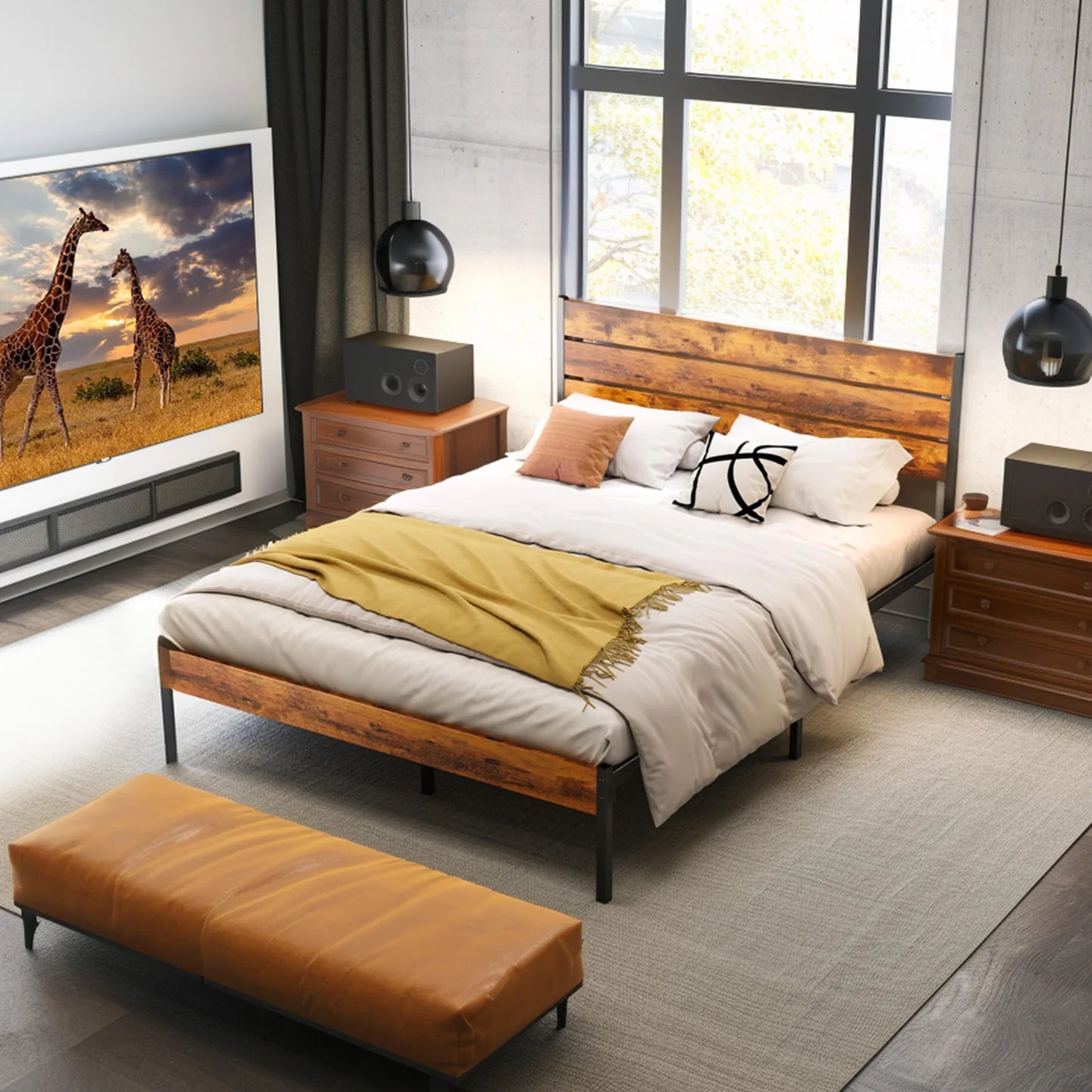 Ljustra Queen Size Metal Platform Bed Frame with Headboard Footboard