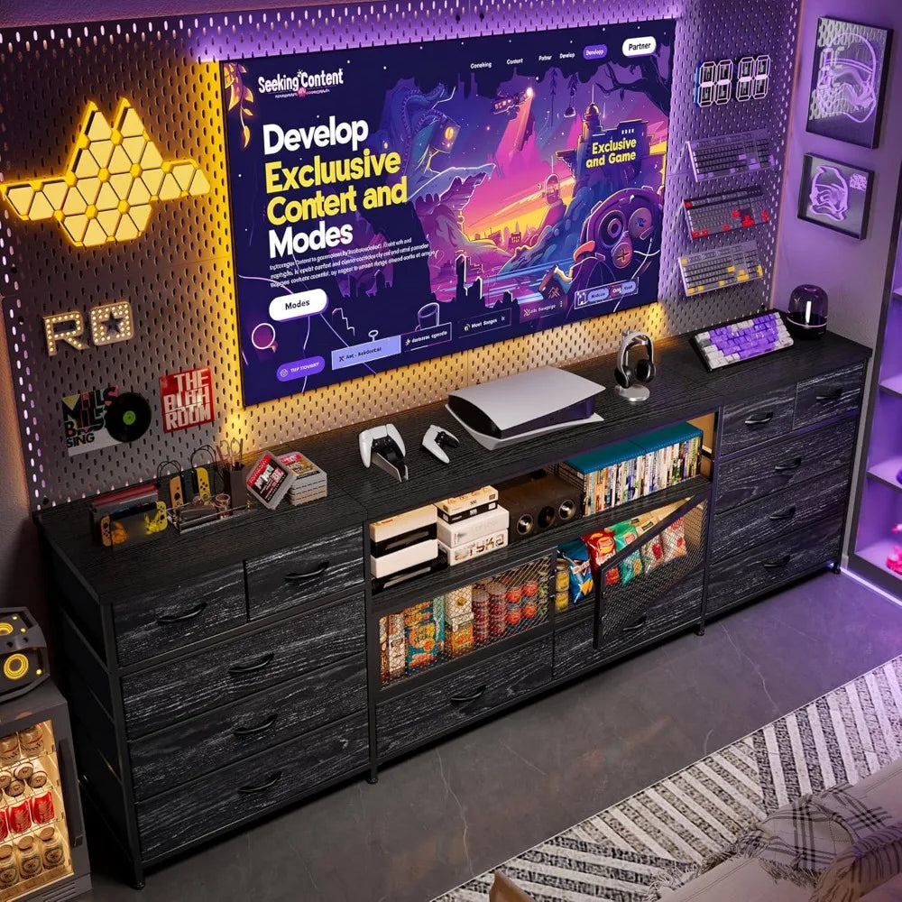 71 Inch Modern TV Stand with LED Lights Charging Station and 12 Drawers