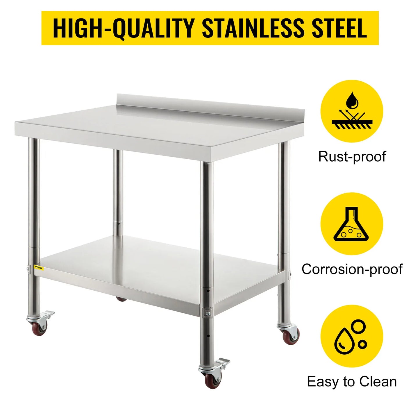 Heavy Duty Stainless Steel Kitchen Prep Table with Backsplash and Casters