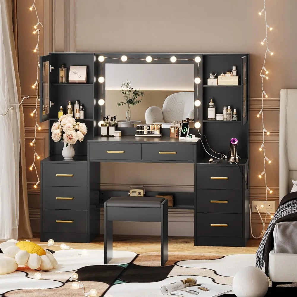 Black Vanity Desk with Mirror LED Lights Charging Station Makeup Table
