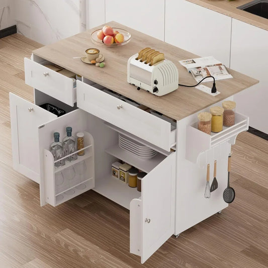 Kitchen Island with Storage Rolling Cart Drop Leaf Power Outlet