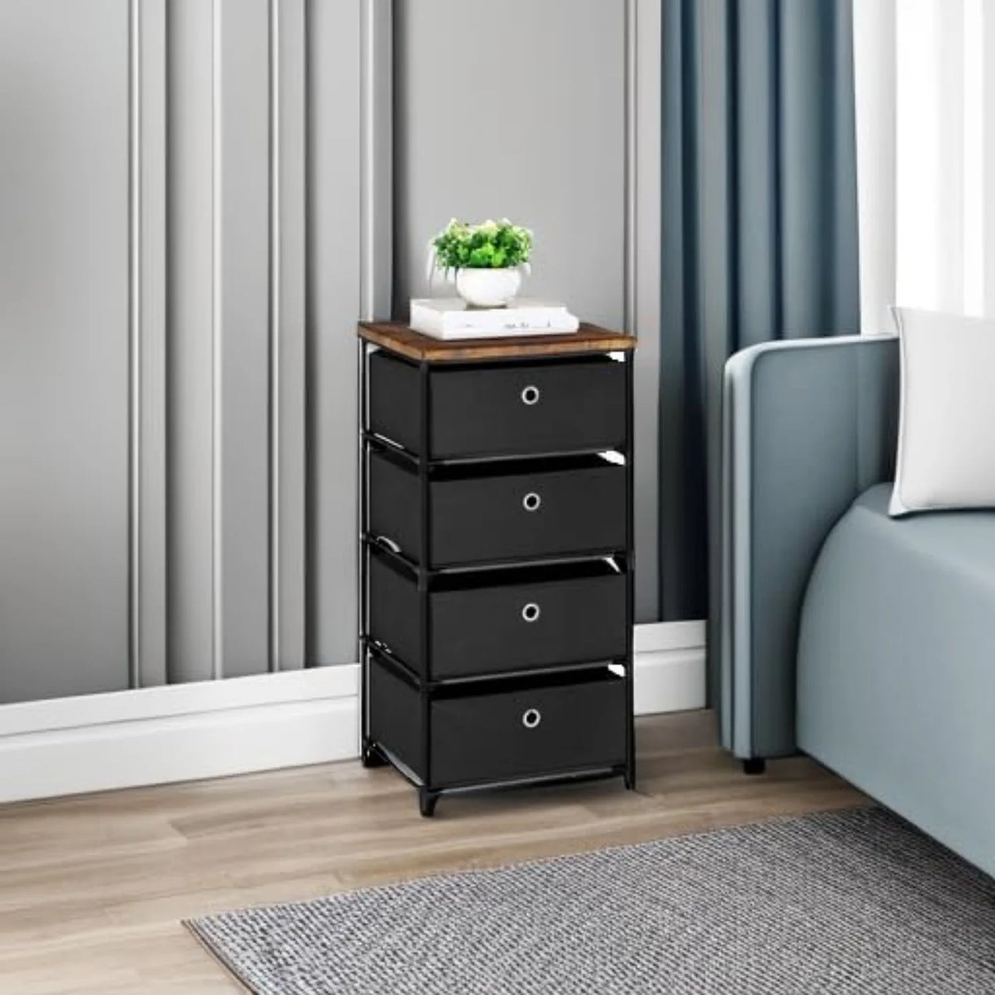 Black 4 Drawer Fabric Dresser Easy Assembly Space Saving Organizer
