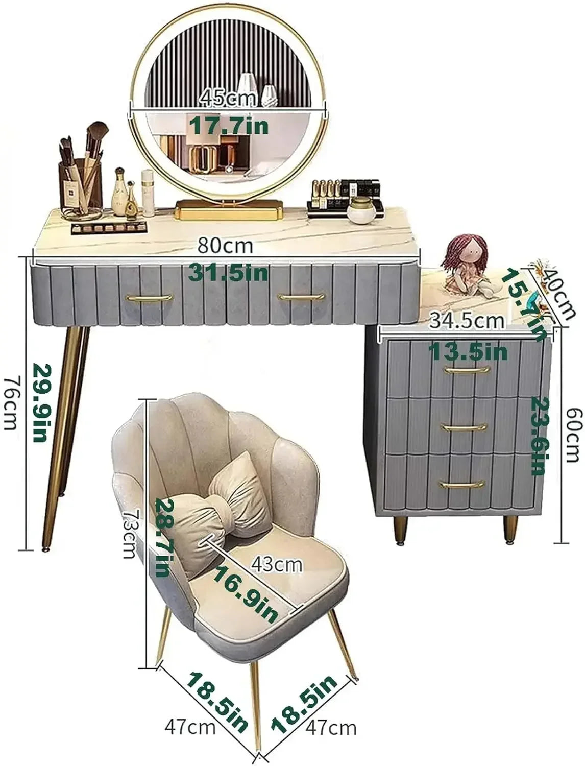 Luxury Vanity Set with 5 Drawers LED Mirror Adjustable Makeup Table