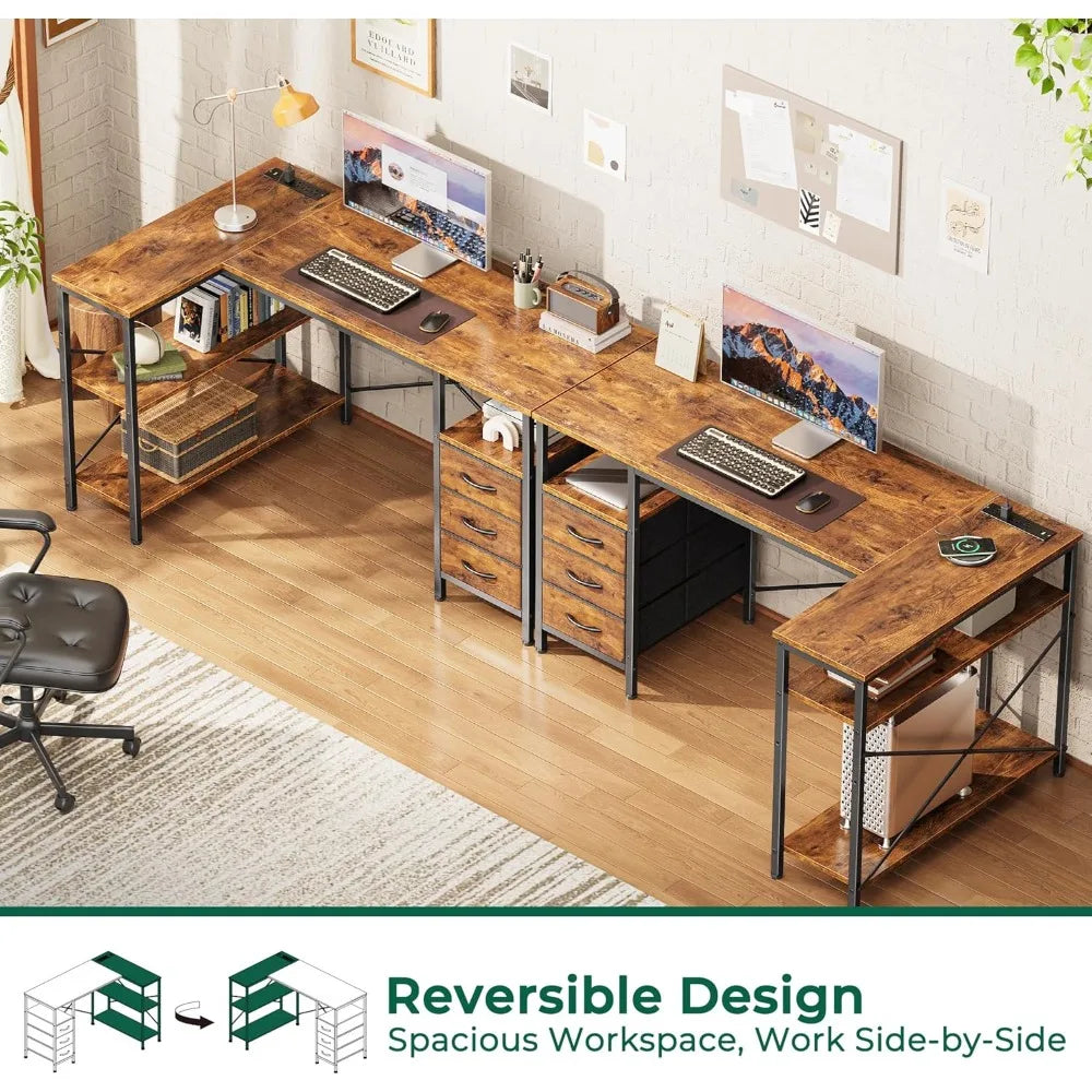 L Shaped Office Desk with Power Outlets and 3 Drawers for Home Office