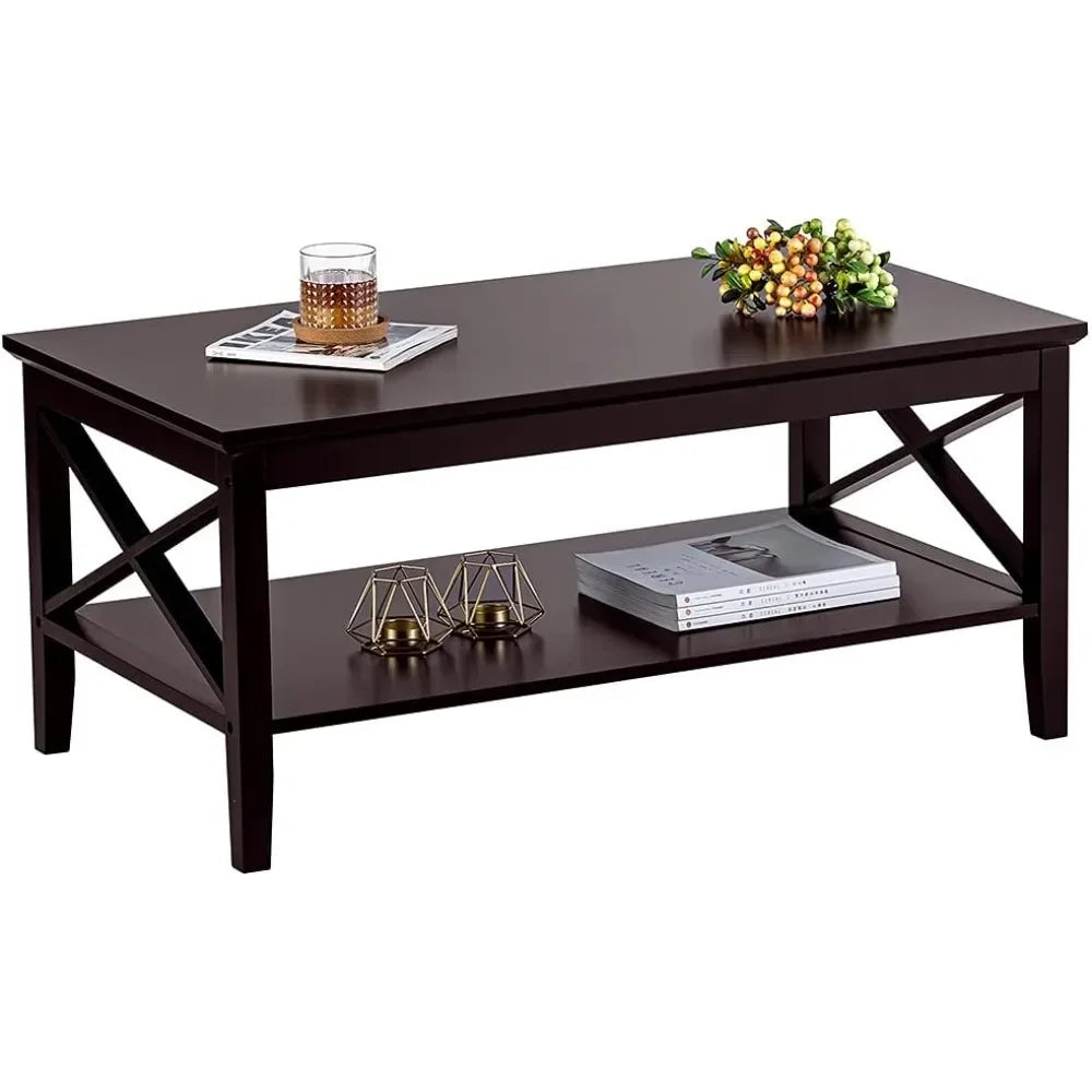 Espresso Wood Coffee Table with Storage Modern 40 Inch 2-Tier Design