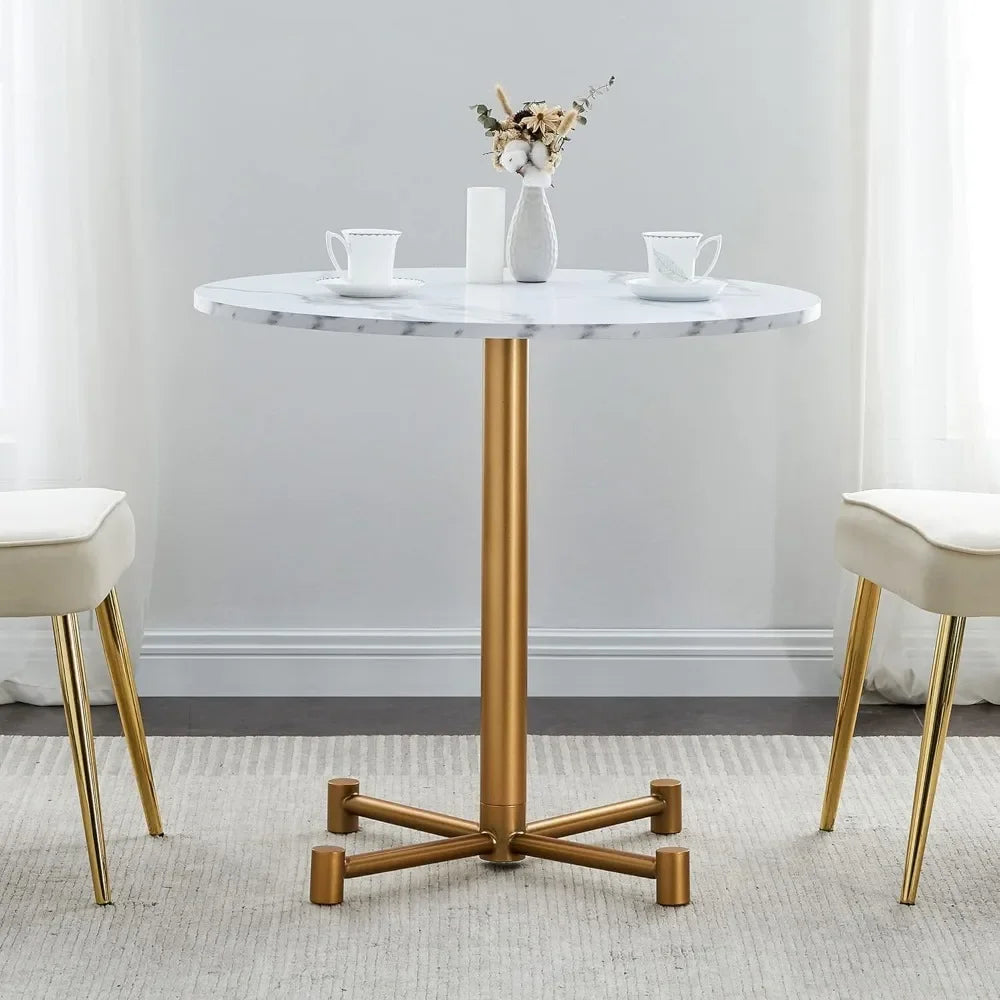 31.5 Inch Round Dining Table White Faux Marble Top Golden Legs Modern