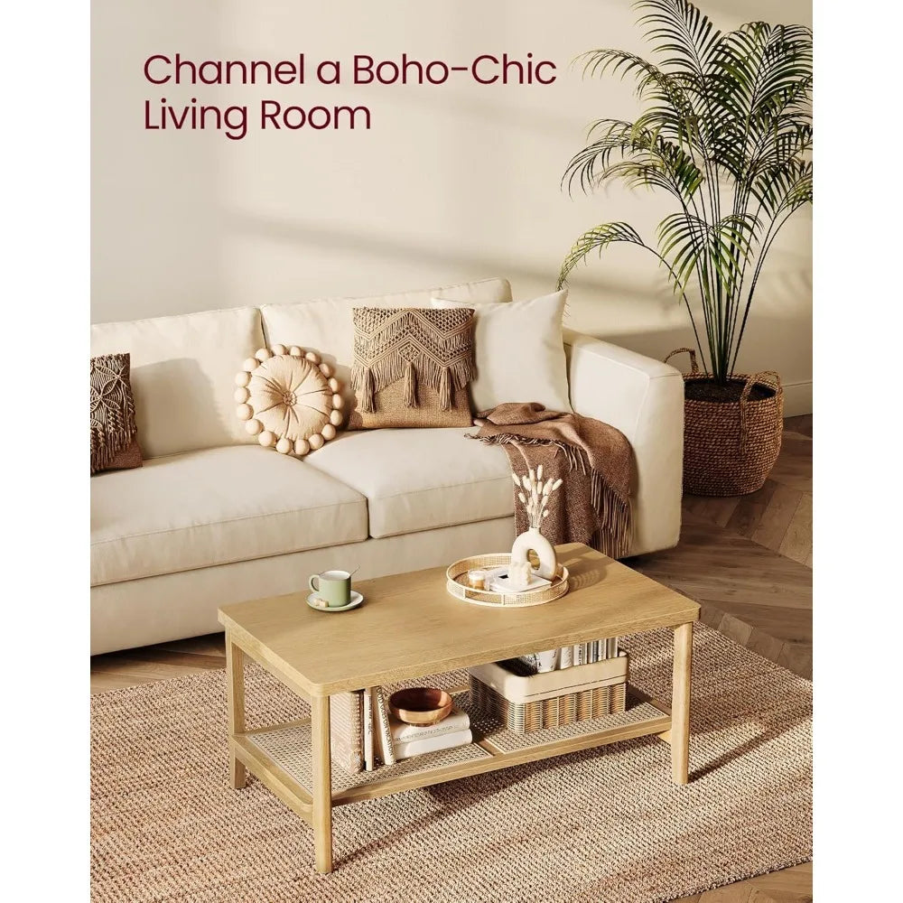 2-Tier Coffee Table for Living Room, Rectangular Living Room Table, with PVC Rattan Storage Shelf, Rounded Corners, Easy
