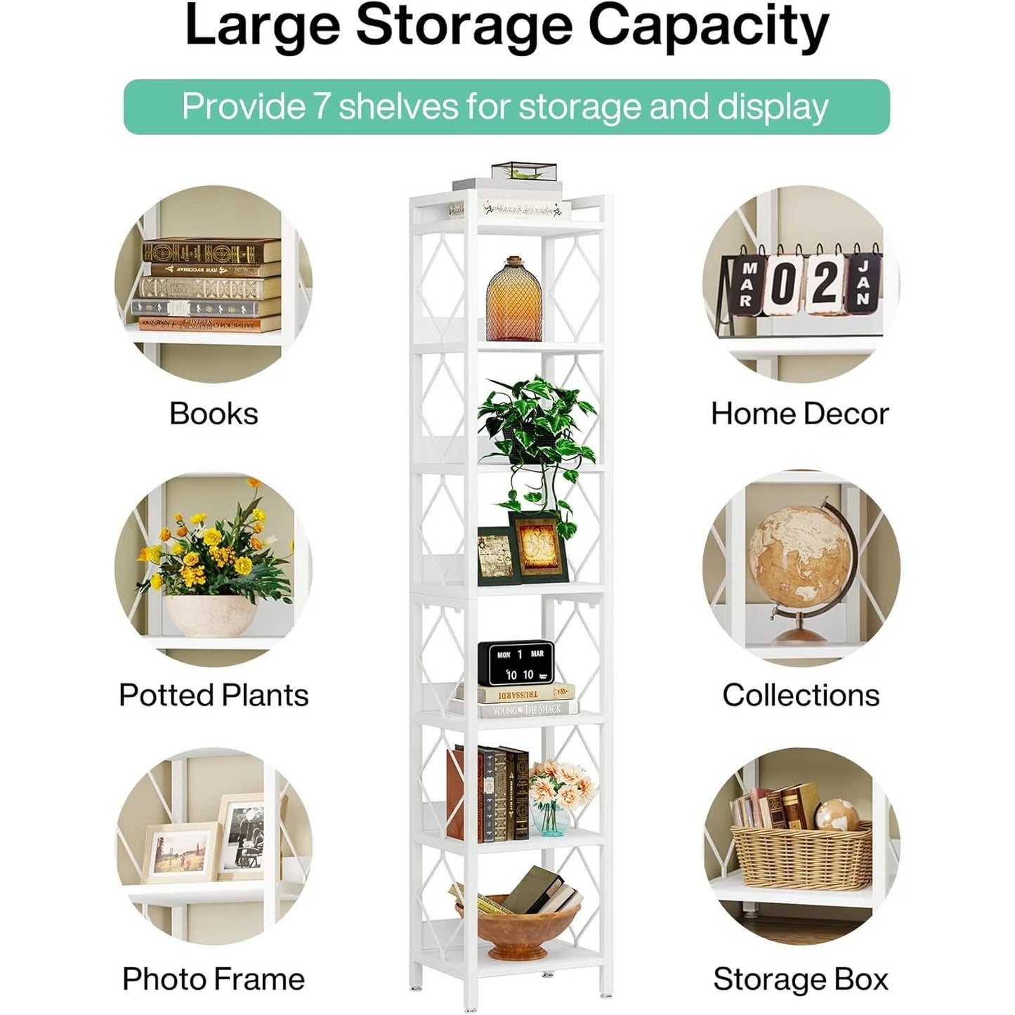 78.7 Inch Extra Tall Narrow Bookshelf 7 Tier Skinny Bookcase Organizer