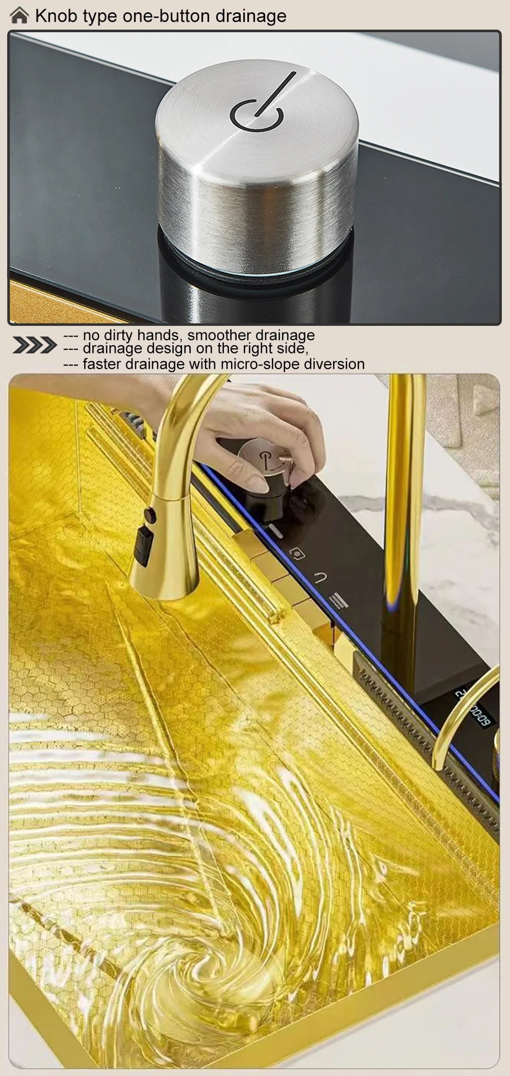 Gold Multifunctional Kitchen Waterfall Sink Digital Display 304 Stainless Steel