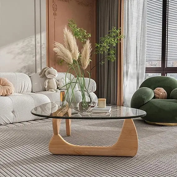 Triangular Glass Coffee Table with Wooden Base Mid-Century Modern Style