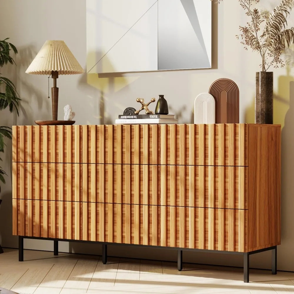 Fluted Dresser 59" Wide 9 Drawer Mid Century Modern Wood Chest