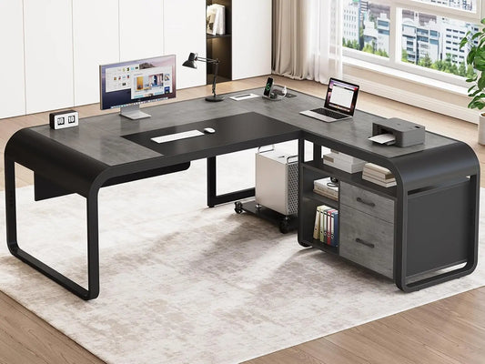 L Shaped Executive Desk with Drawers and Mobile CPU Stand for Home Office