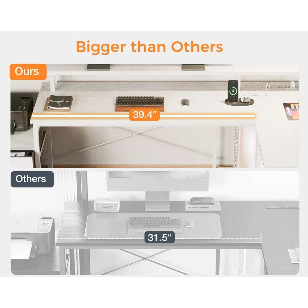 L Shaped Desk with File Drawer Power Outlet LED Lighting Home Office