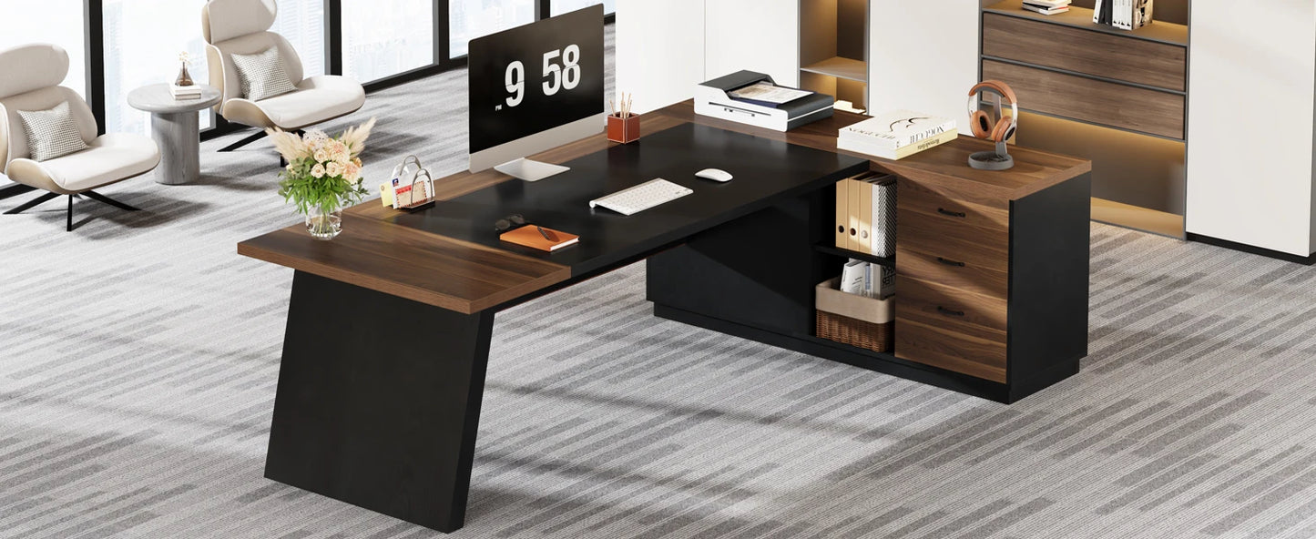 Modern L-Shaped Executive Desk with Drawers and File Cabinet Office