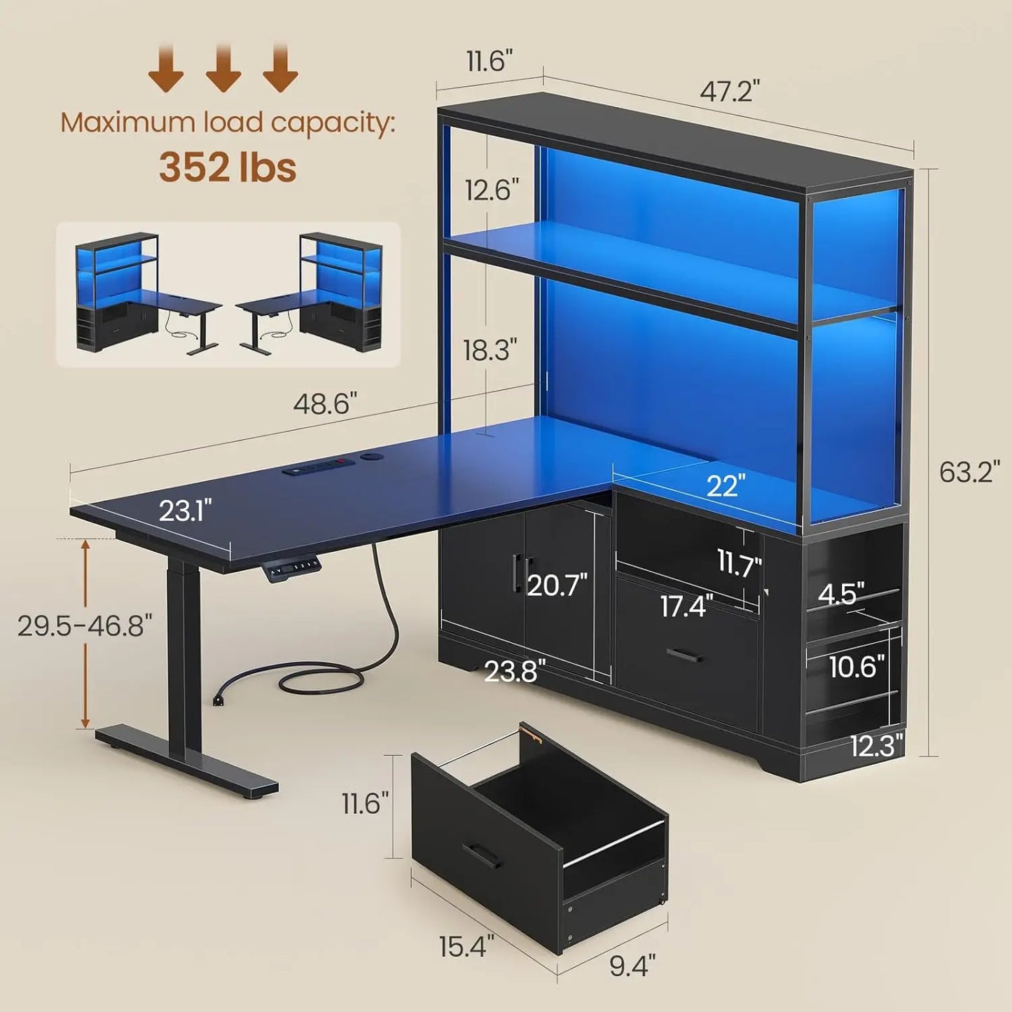 L Shaped Standing Desk Adjustable Height Corner Office Gaming Desk with Drawers