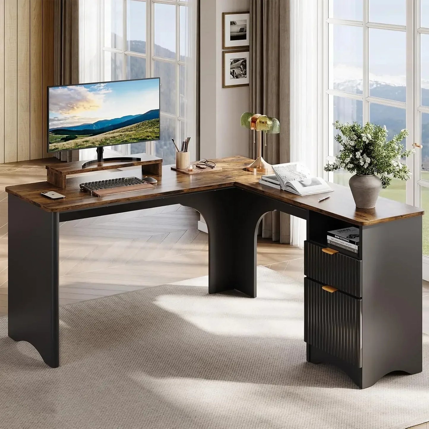 L Shaped Office Desk with File Drawer Modern Computer Desk 55.7" x 55"