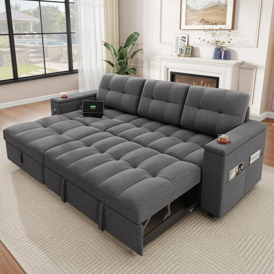 Modern L-Shaped Sleeper Sofa Bed w/ Pull Out, USB Ports, Storage Chaise, Reversible Couch