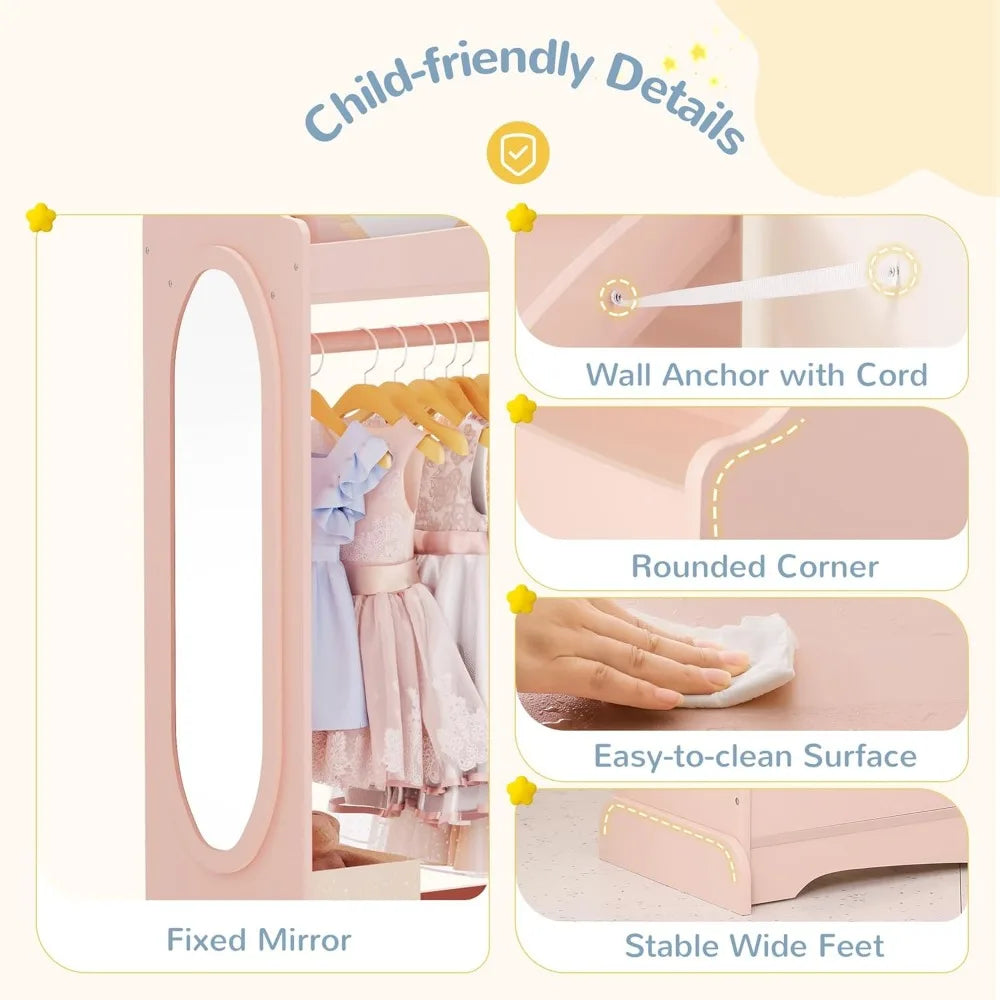 Kids Wardrobe with Mirror and Hooks Large Storage Closet Organizer