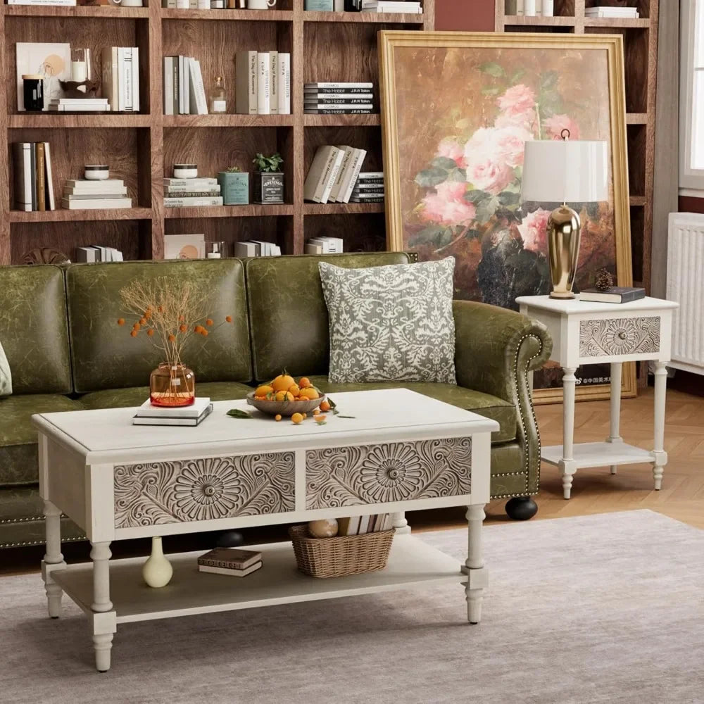 Vintage Coffee Table with Drawers Two Tier Farmhouse Wood Table