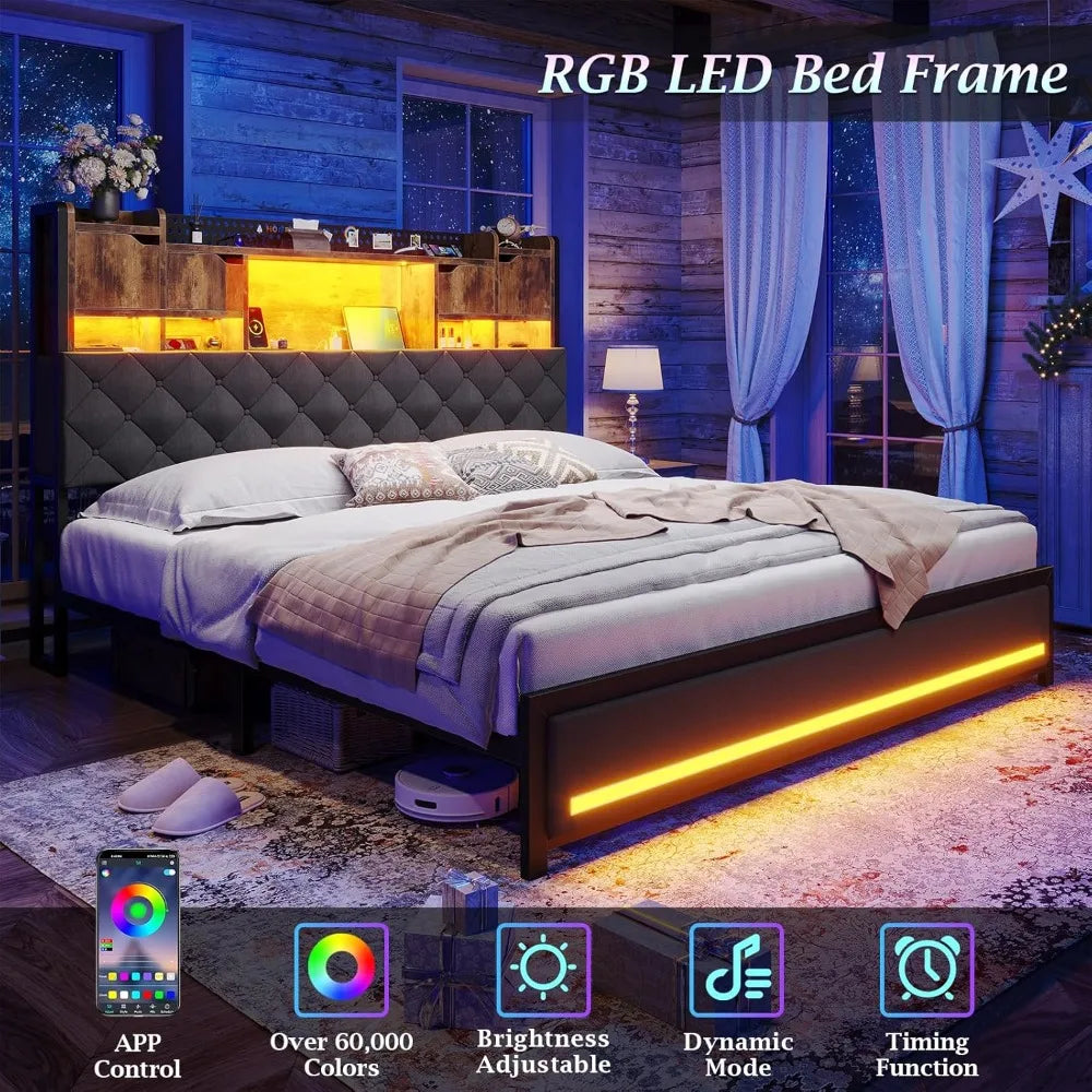King Size Bed Frame with Storage Headboard LED Lighting Charging Station