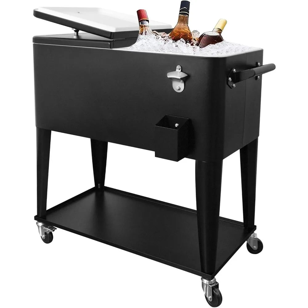 Portable Rolling Cooler Cart 80 Quart Outdoor Beverage Trolley