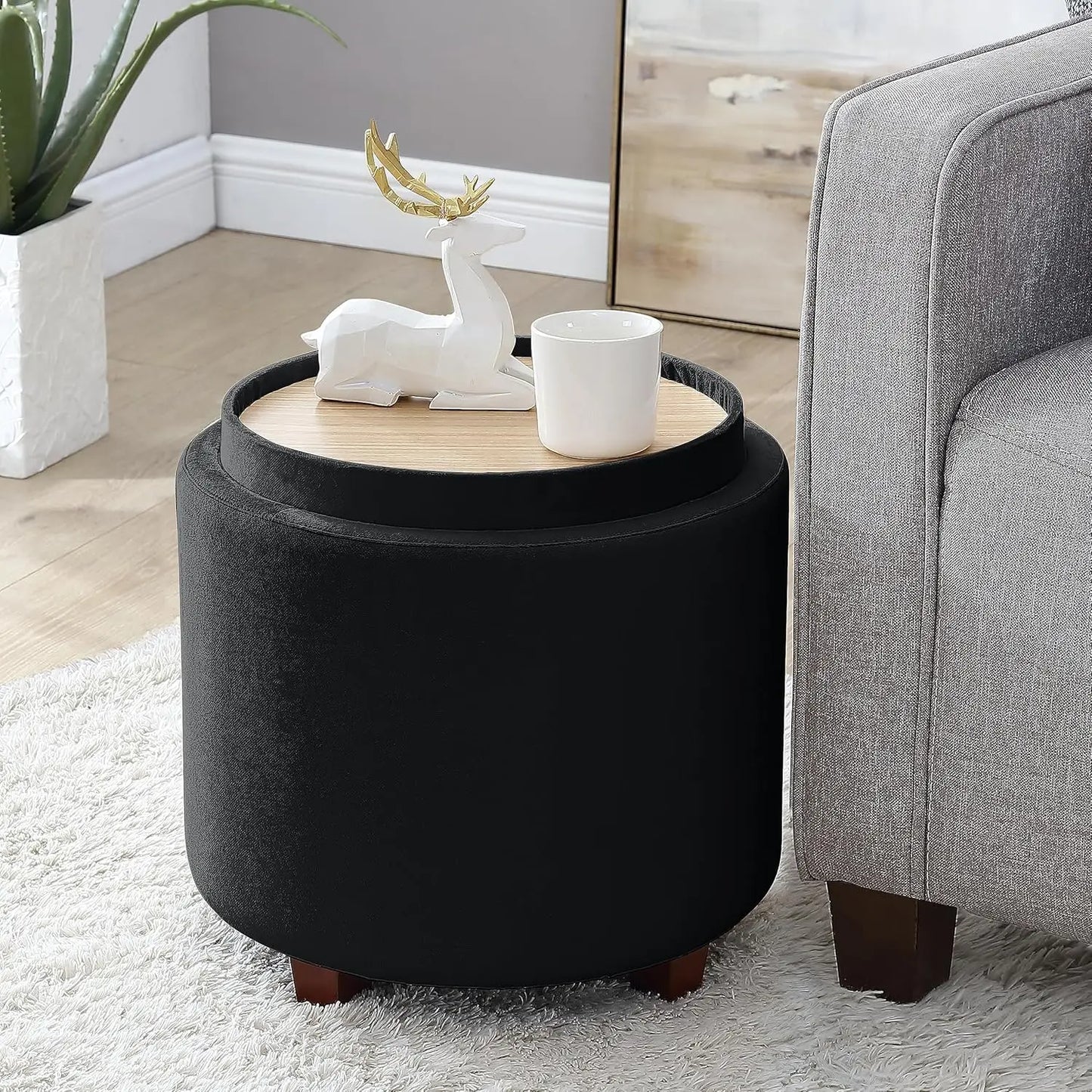 Lawrence Round Storage Ottoman Lift Off Lid Tray Coffee Table Living Room