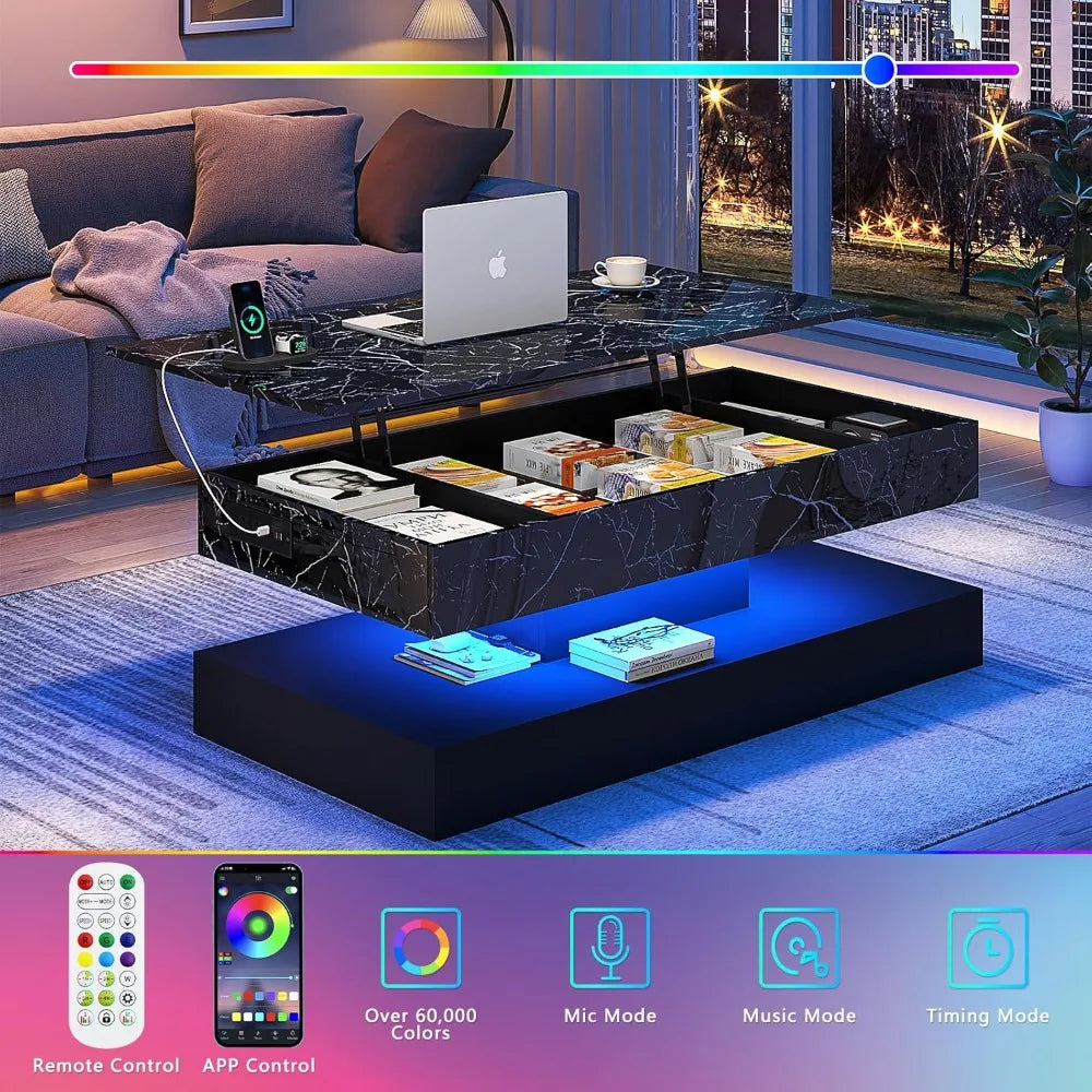 Lift Top Coffee Table with Charging Station LED Modern Center Table