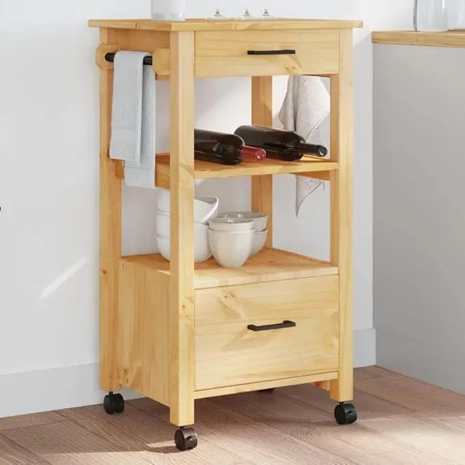 Ljustra Kitchen Trolley Rustic Wood Rolling Cart with 2 Drawers & Shelf
