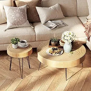 2-Piece Modern Farmhouse Living Room Coffee Table Set, Nesting Table Round Natural Finish with Handcrafted Wood Ring Pattern