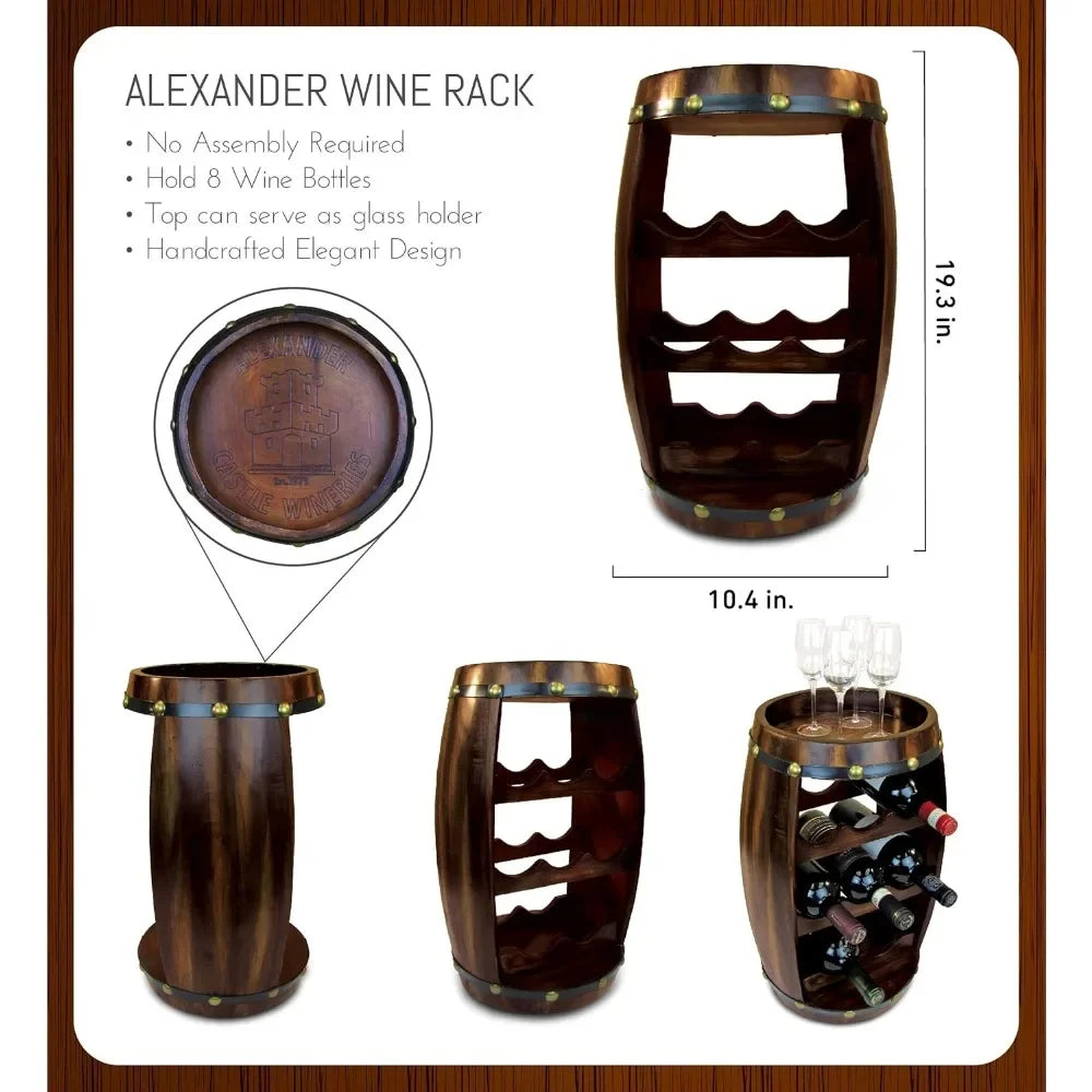 Ljustra Wooden Barrel Wine Rack 8 Bottle Freestanding Storage Display