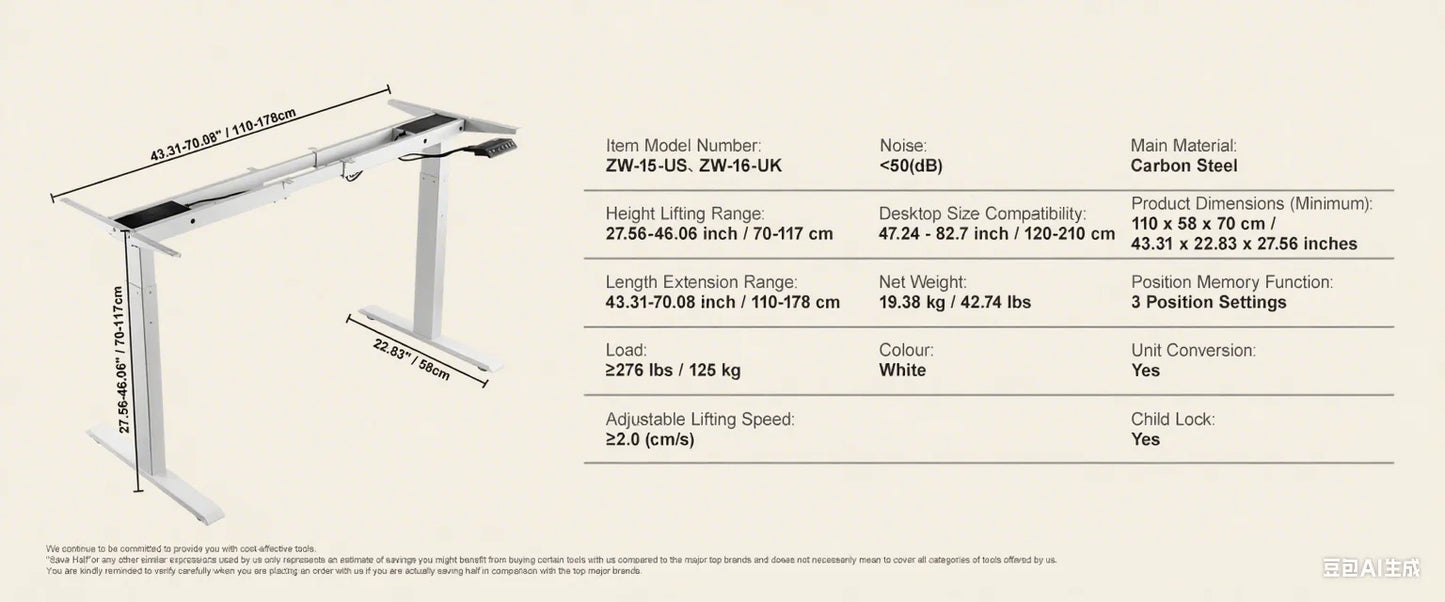 Ljustra Electric Standing Desk Frame Ergonomic DIY Workstation Black White
