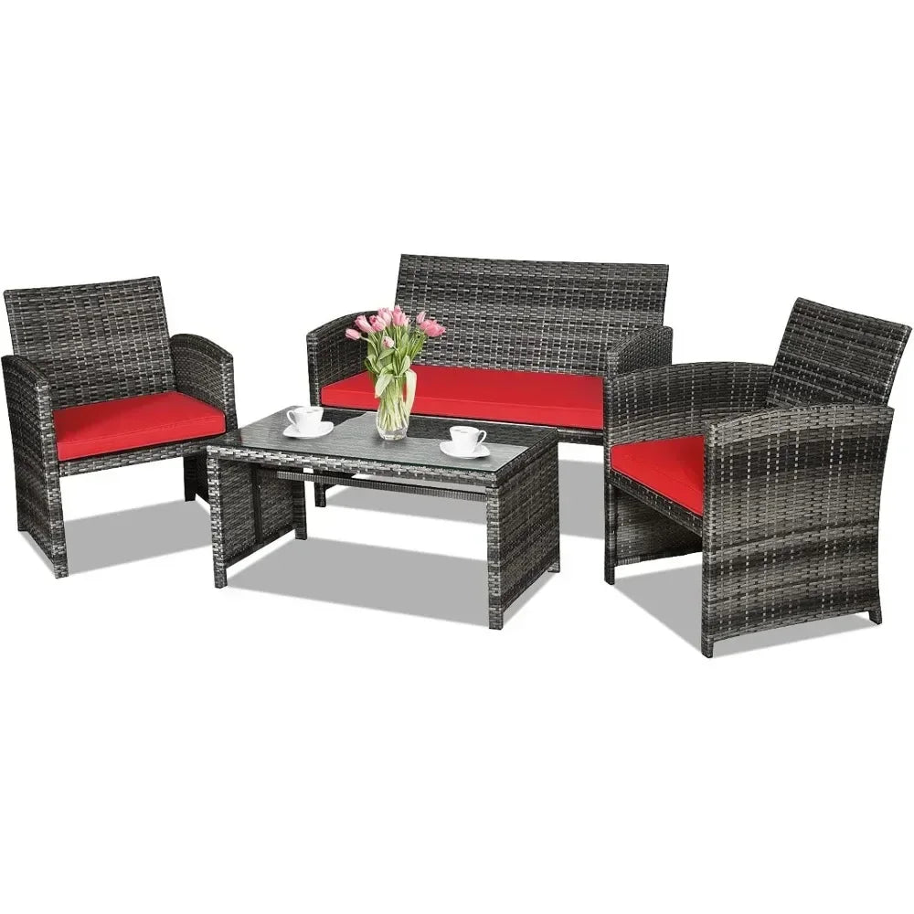 4-Piece Rattan Patio Furniture Set Outdoor Wicker Sofa Coffee Table