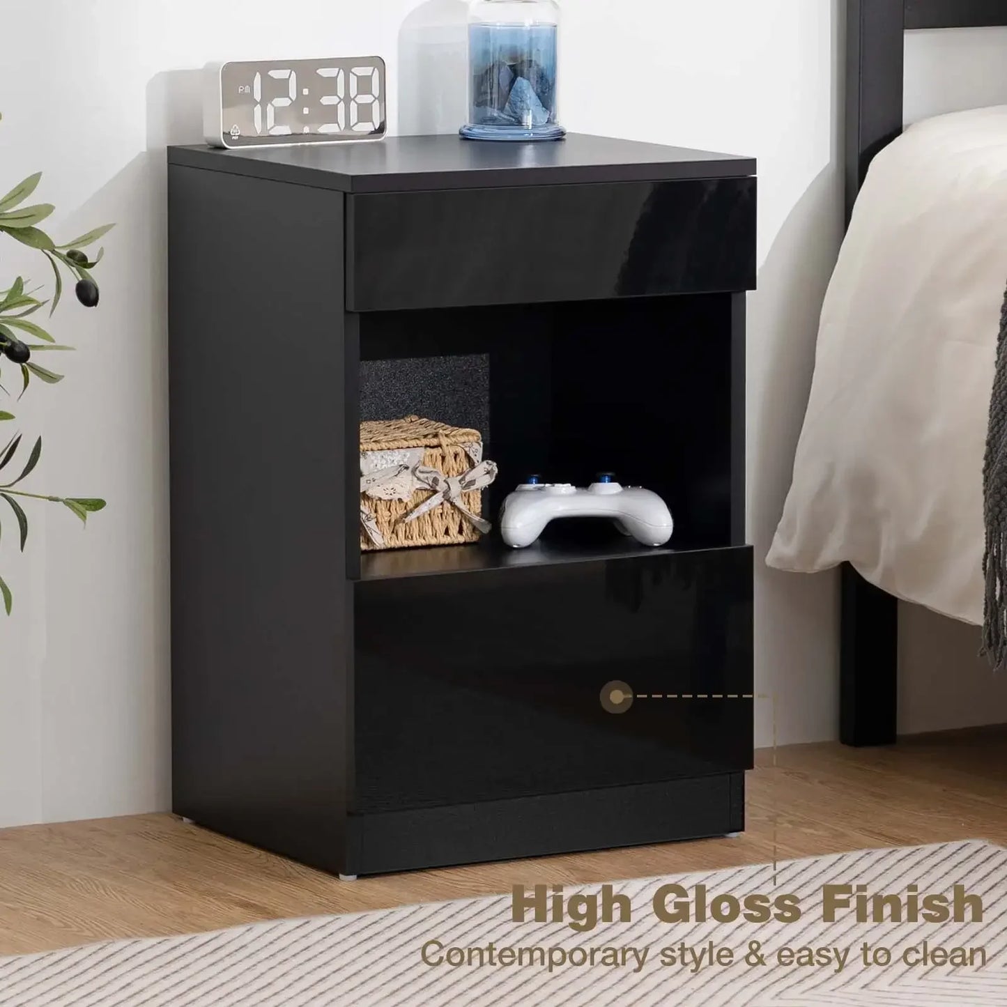 Modern Nightstand 2 Drawer Open Shelf Bedside Table High Gloss Storage