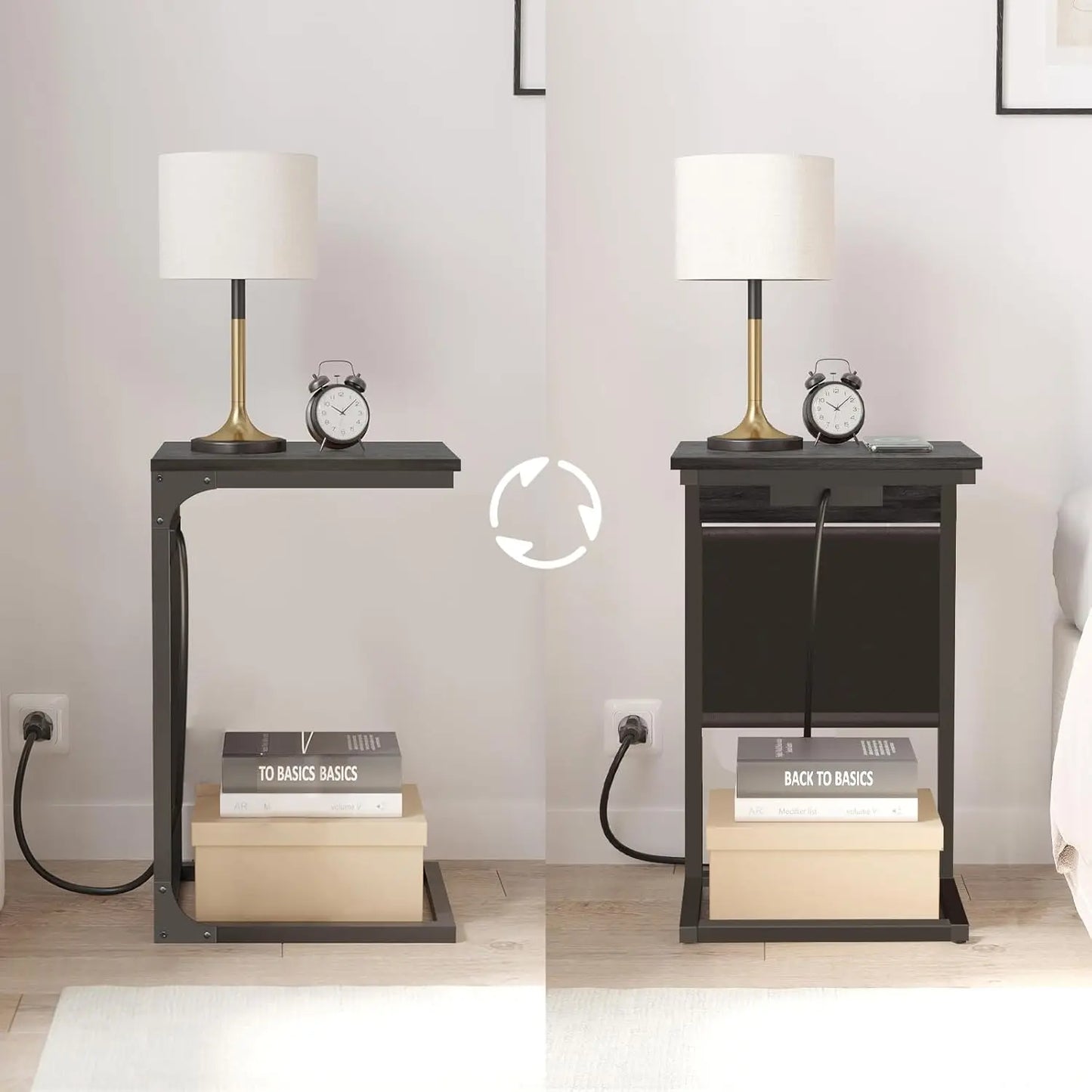 C Shaped End Table Set with USB Ports for Sofa Couch Storage Bag