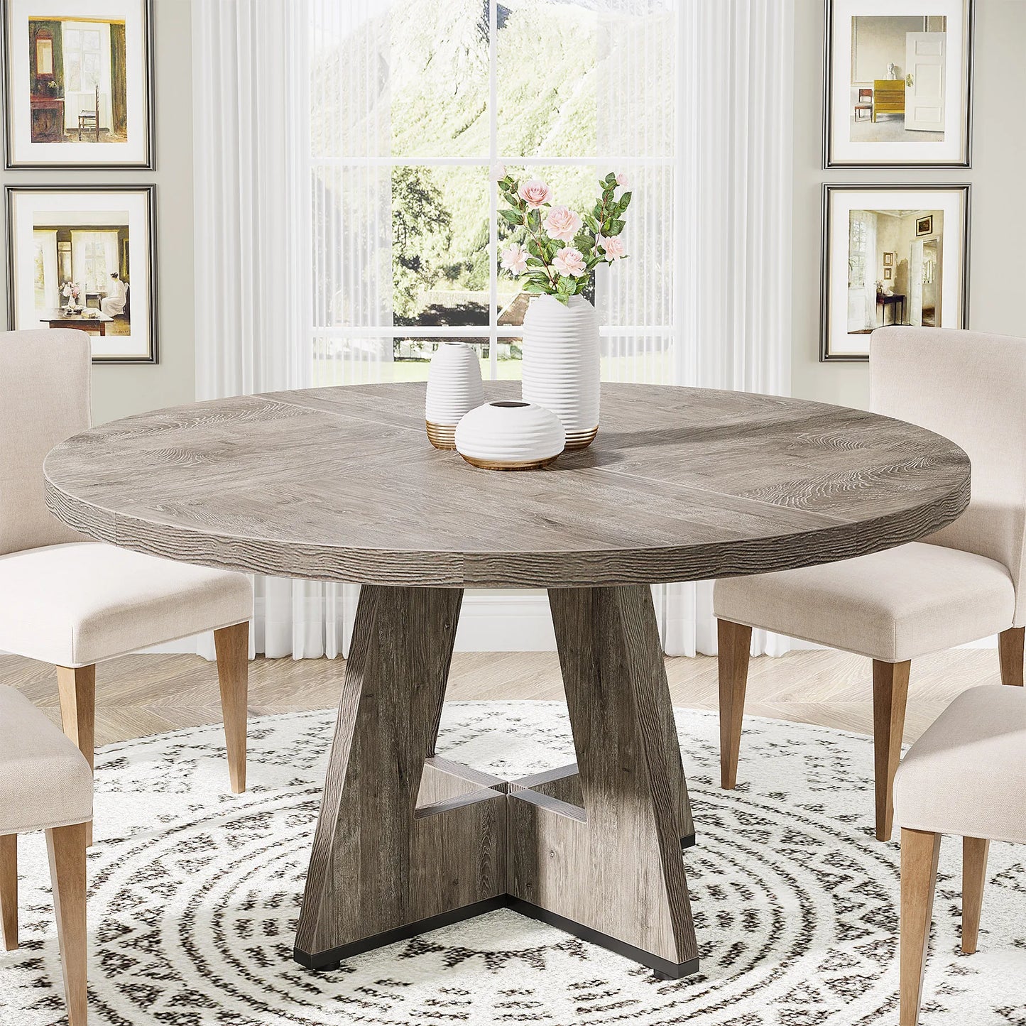 Ljustra Round Dining Table for 4 Farmhouse Style Kitchen Table 47 Inch
