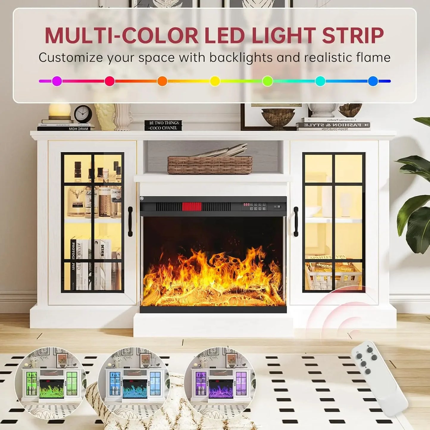 59 Fireplace TV Stand 3 Sided Glass Entertainment Center for TVs up to 65