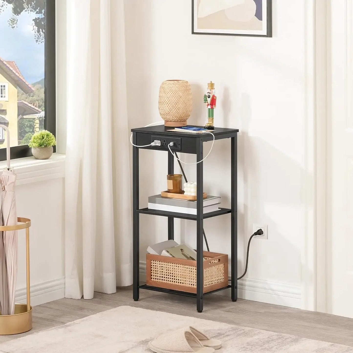 Tall End Table with Charging Station 3-Tier Nightstand Side Table