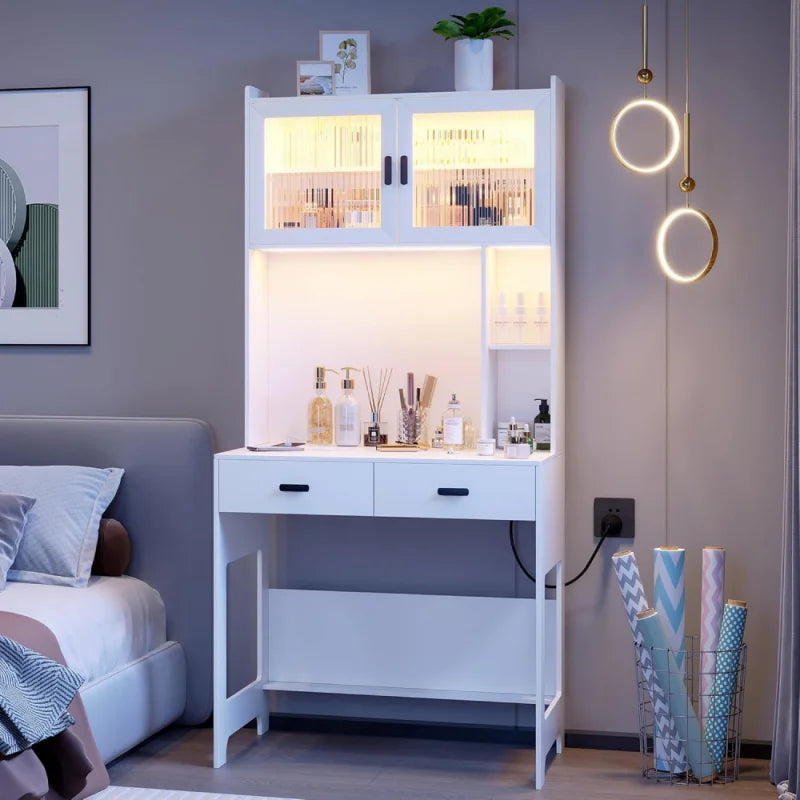 Ljustra Modern Office Desk with Hutch LED Lights Power Outlet Storage